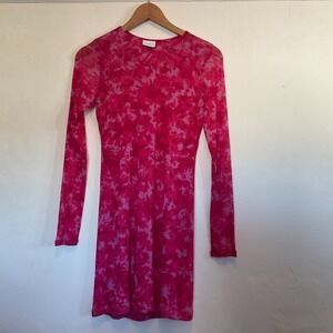 STILLWATER Colette Long Sleeve Mesh Mini Dress S Floral Slit Stretch Barbie NWOT